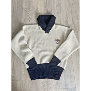RARE! VTG 90s Polo Ralph Lauren Sweater Crest Patch Rugby Knit Cream Navy S